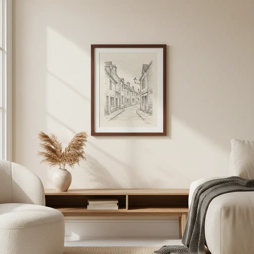 A framed pencil sketch hanging on a warm cream living room wall