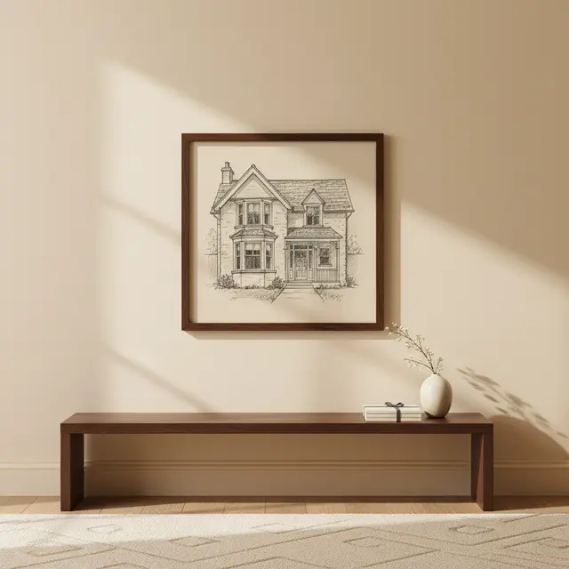 A framed pencil sketch hanging above a warm hallway console table