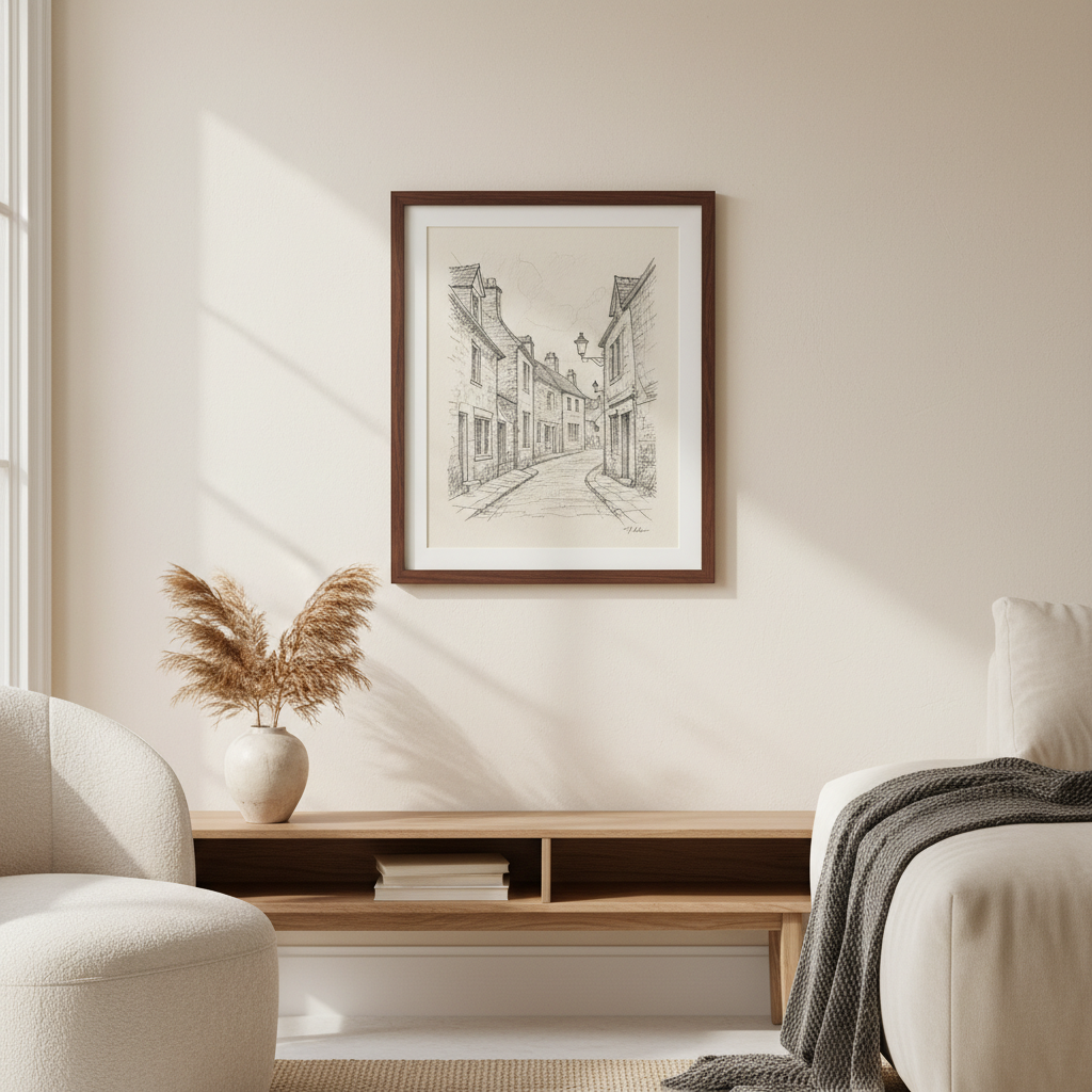 A framed pencil sketch hanging above a console table in a warm living room