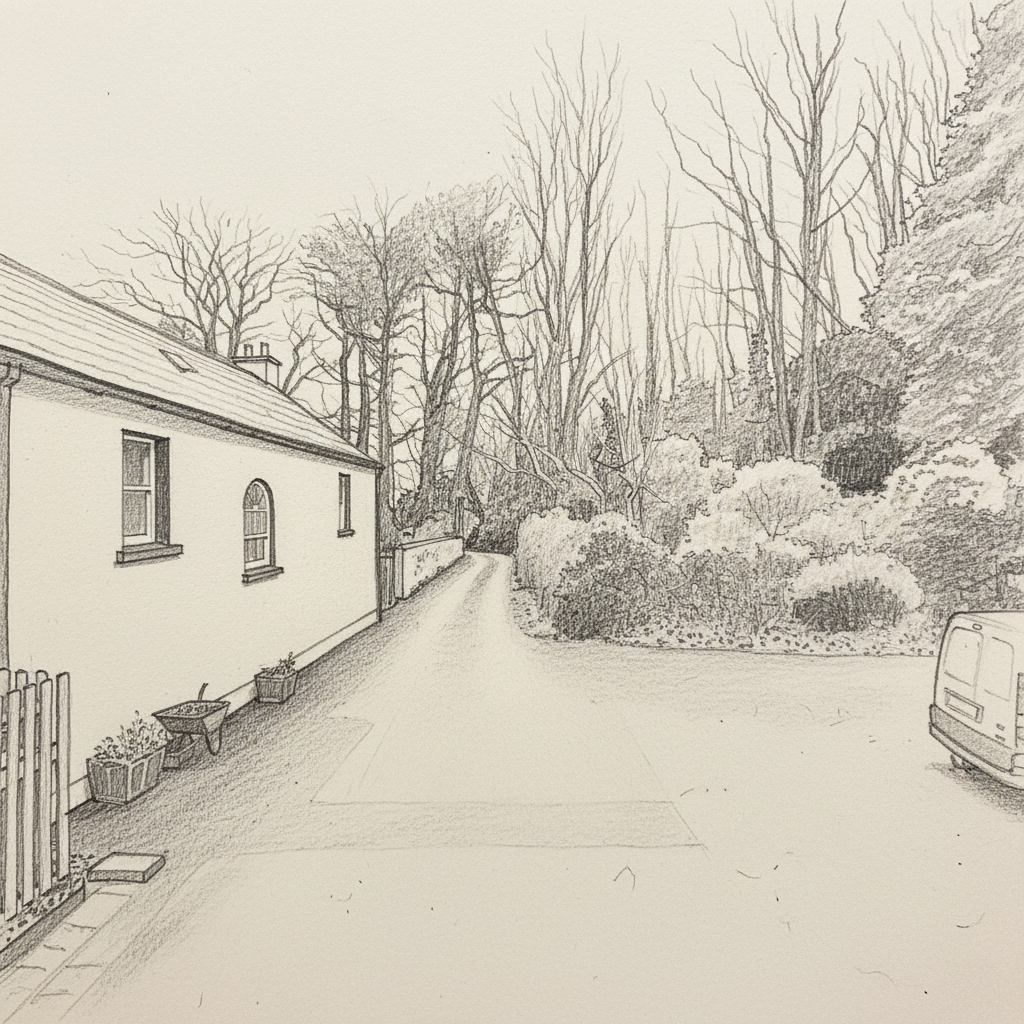 A refined pencil sketch of a quiet house frontage suitable for a closing gift