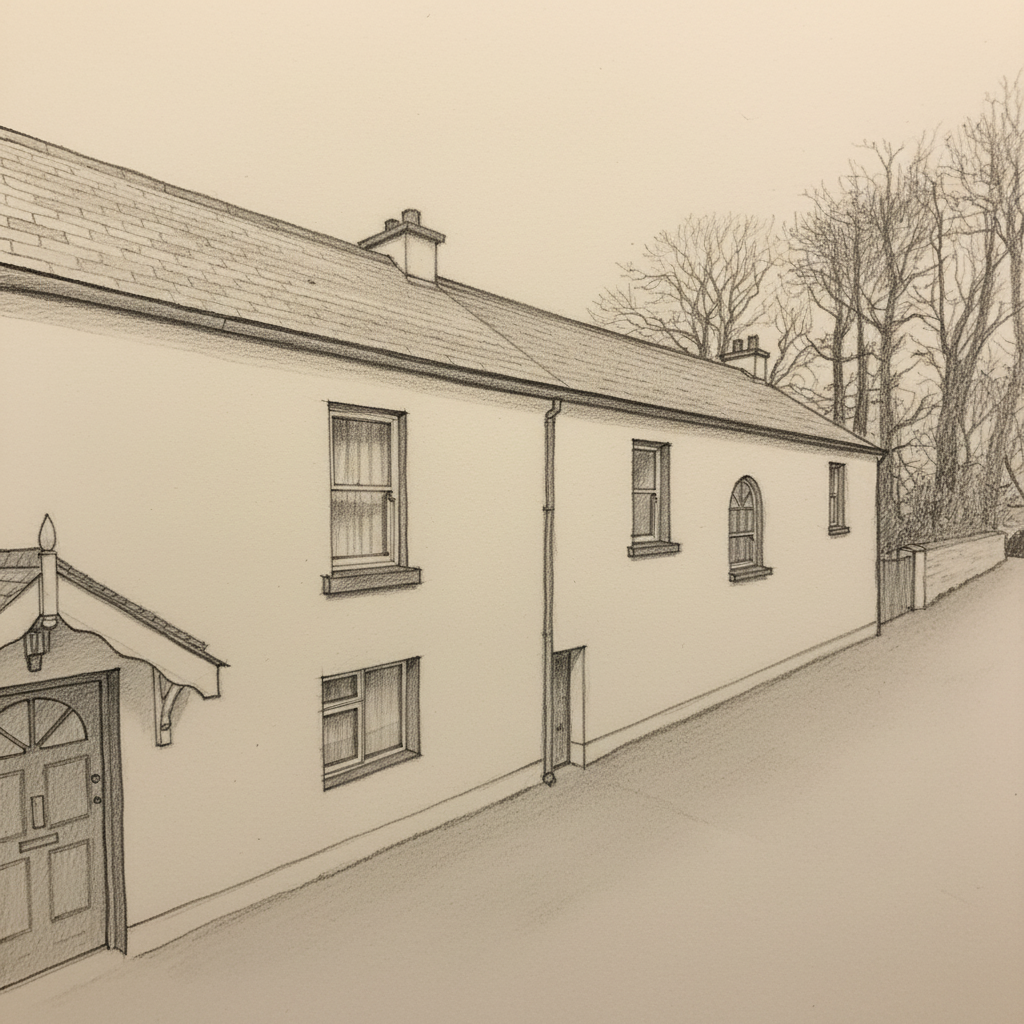 A pencil sketch of a detached home and garden created from a source photo