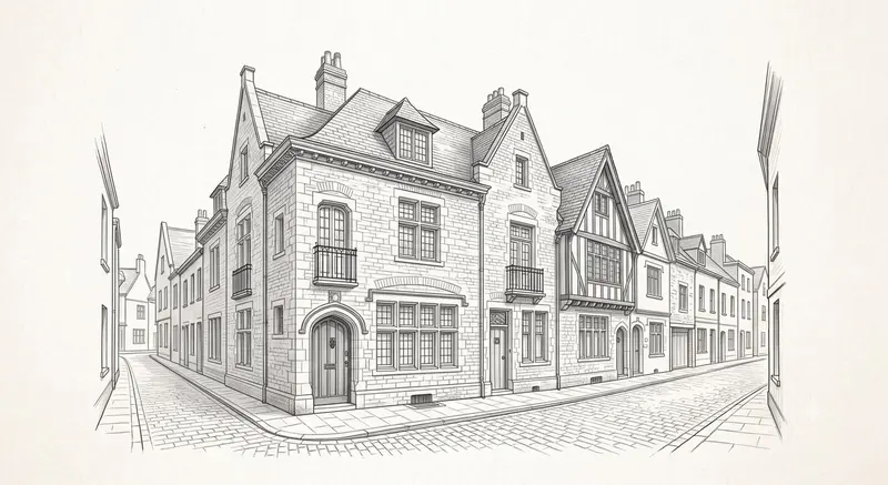 Pencil sketch example of a corner street of townhouses
